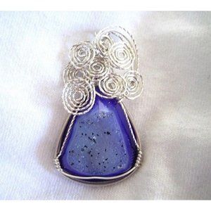 Druzy Agate Gemstone Cabochon Pendant Wire Wrapped Sterling Silver  Blue